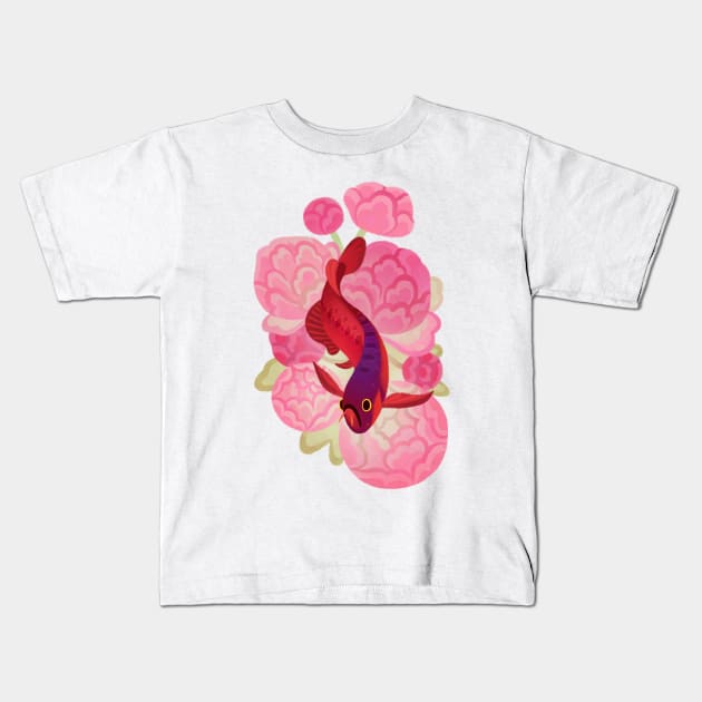 Arowana and peony2 Kids T-Shirt by pikaole